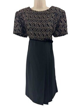 Vintage Black Gold Metallic Shimmer Short Sleeve Dress Size 14 Evening Wedding